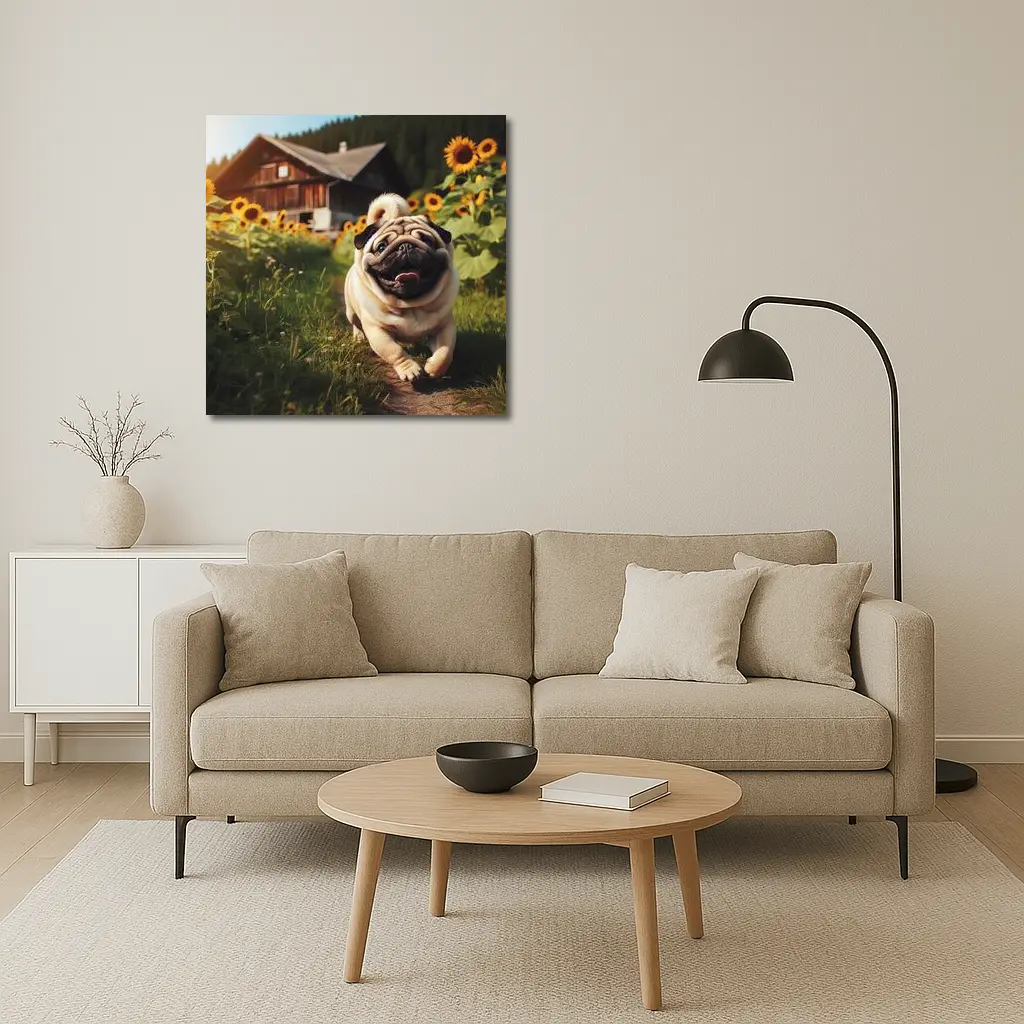 Happy Pug Running Through Sunflower Field – Wall Art