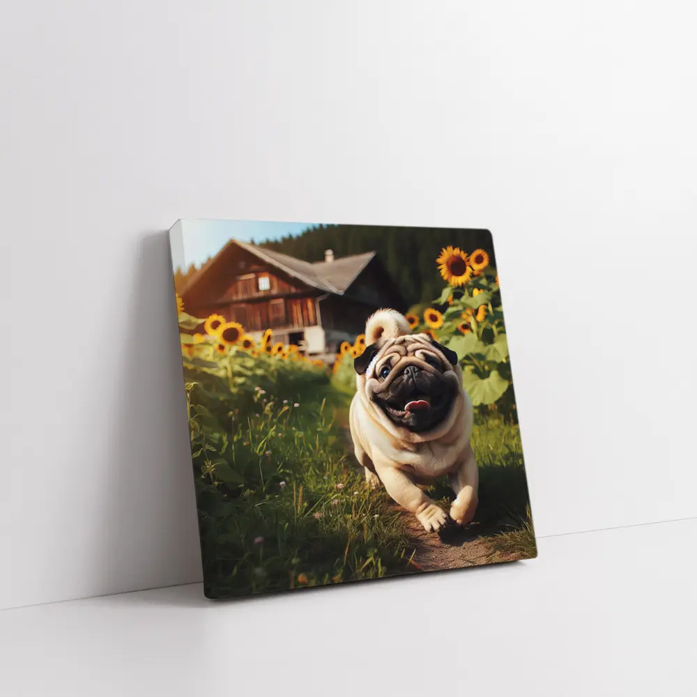 Happy Pug Running Through Sunflower Field – Wall Art