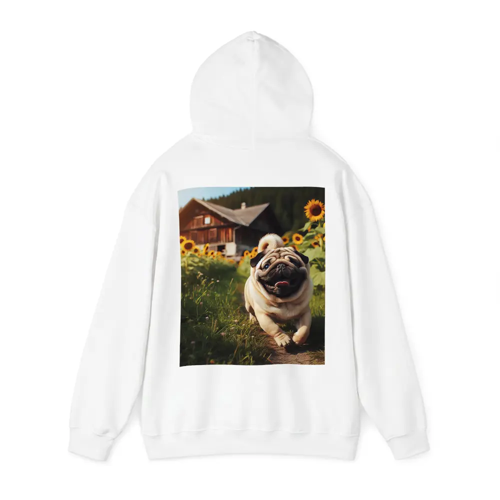 Happy Pug Running Through Sunflower Field – Hoodies