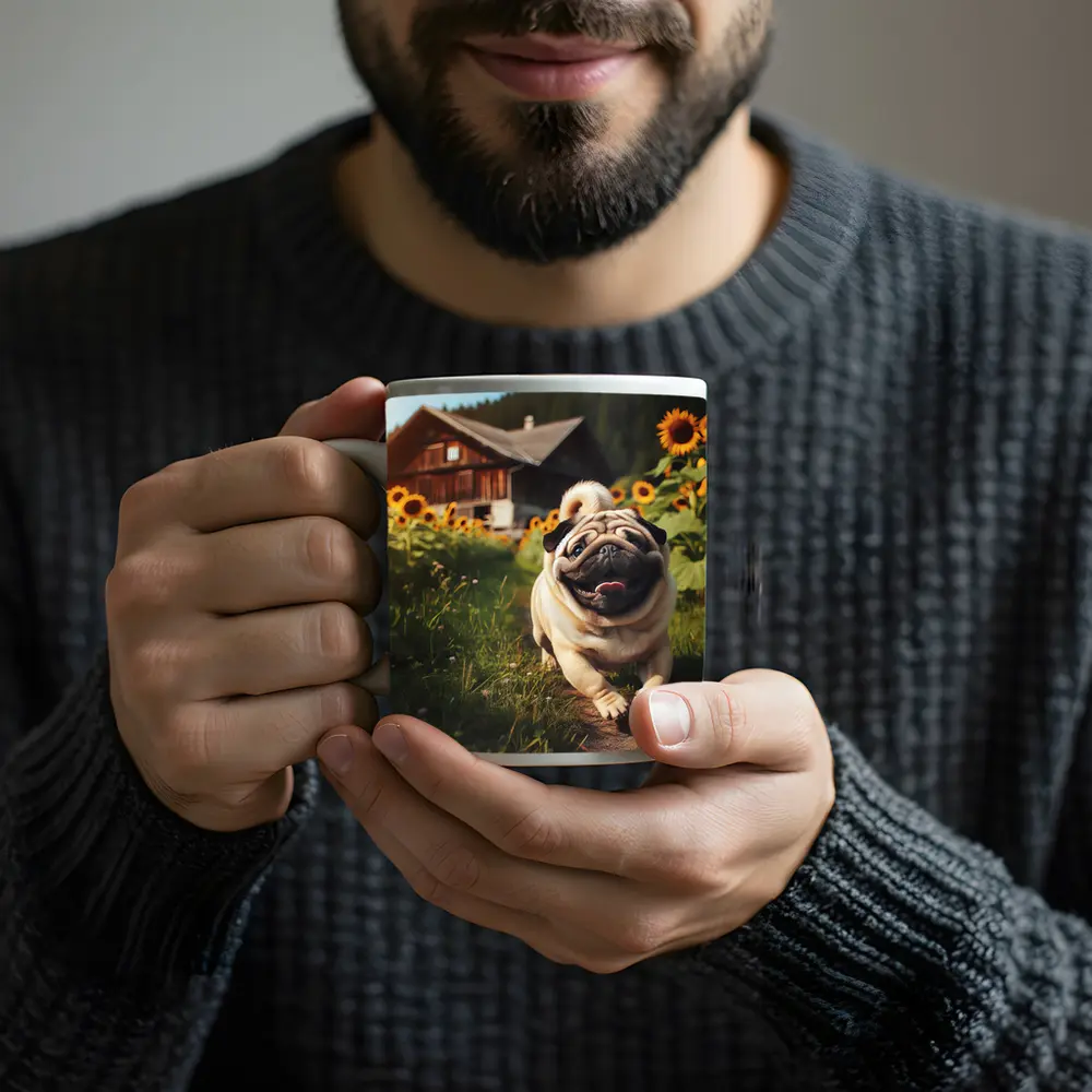Happy Pug Running Through Sunflower Field – Mugs