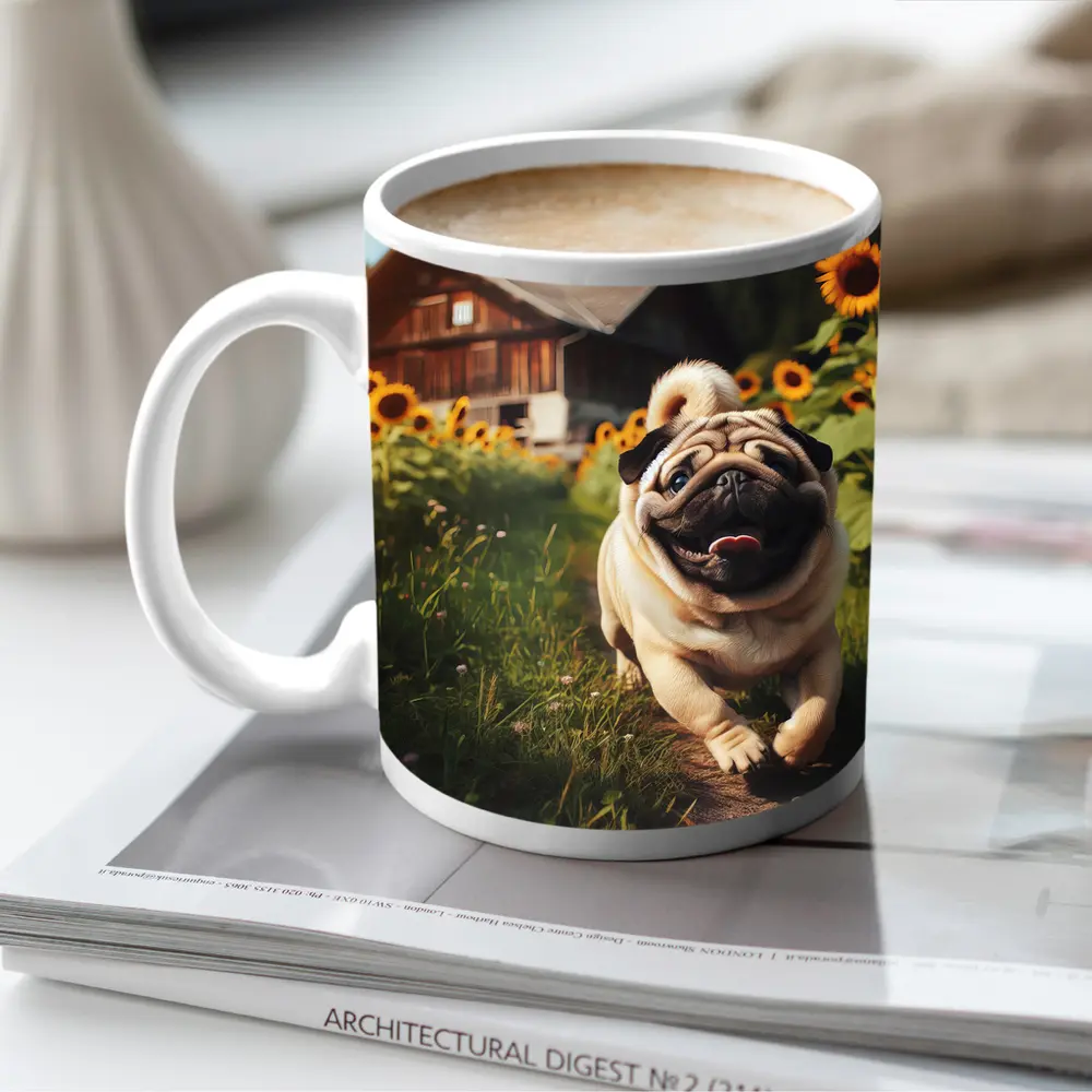 Happy Pug Running Through Sunflower Field – Mugs