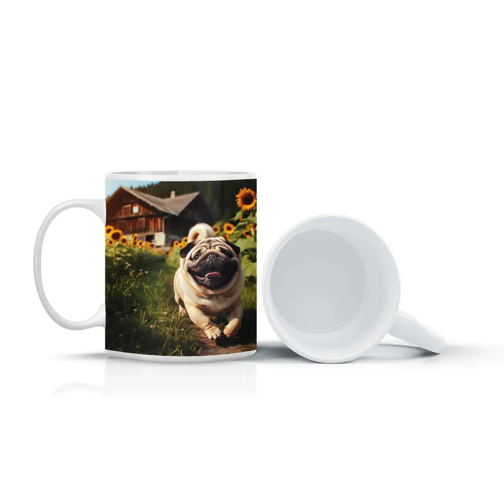 Happy Pug Running Through Sunflower Field – Mugs
