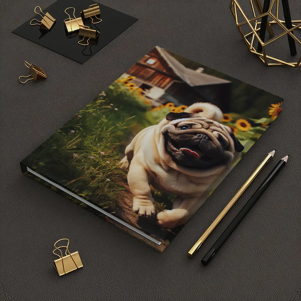 Happy Pug Running Through Sunflower Field – Notebooks
