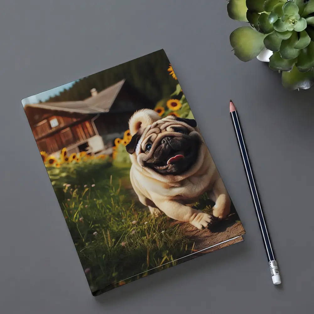 Happy Pug Running Through Sunflower Field – Notebooks