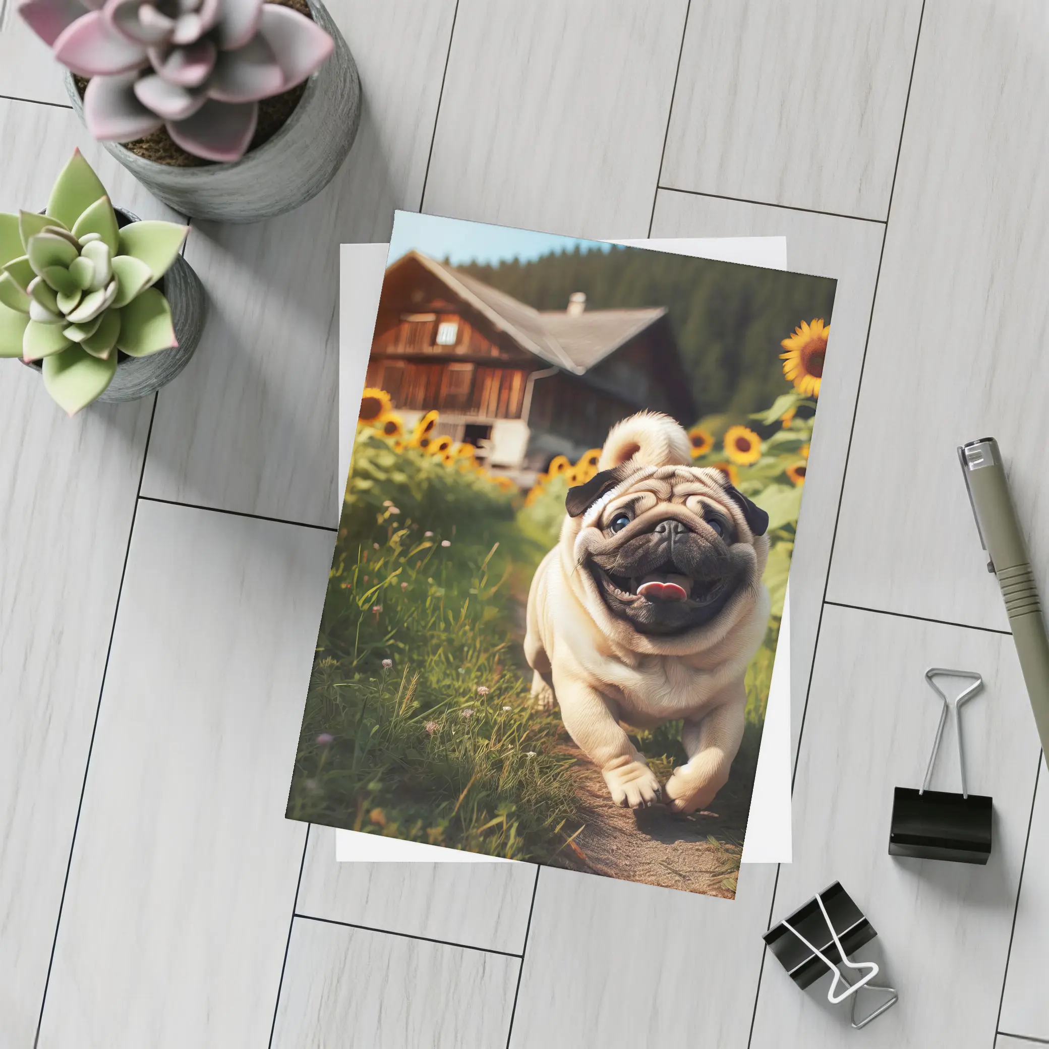 Happy Pug Running Through Sunflower Field – Postcards