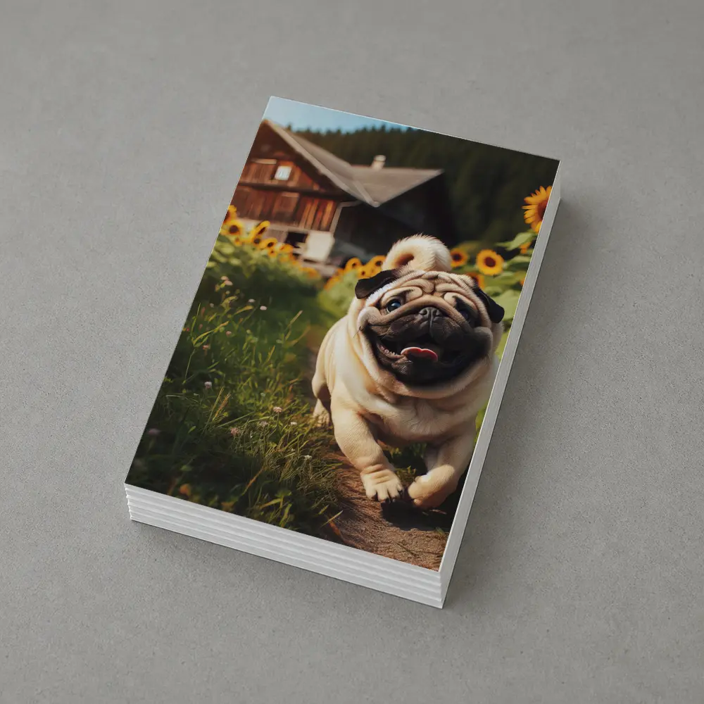 Happy Pug Running Through Sunflower Field – Postcards