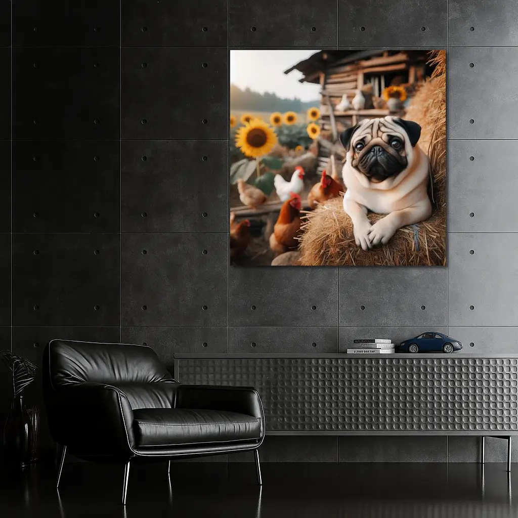 Pug Dog Resting on Farm Hay Bale – Wall Art