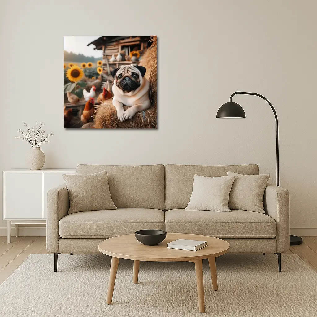 Pug Dog Resting on Farm Hay Bale – Wall Art
