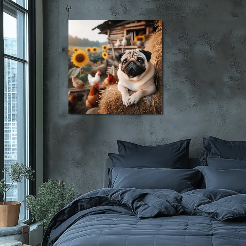 Pug Dog Resting on Farm Hay Bale – Wall Art