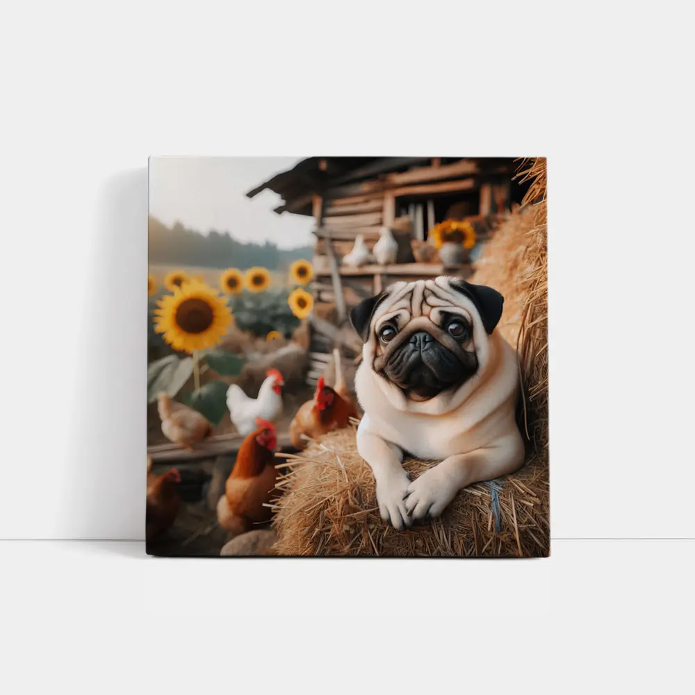 Pug Dog Resting on Farm Hay Bale – Wall Art