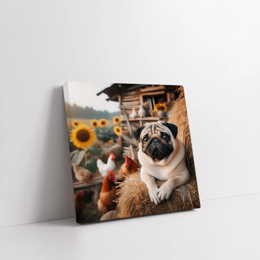 Pug Dog Resting on Farm Hay Bale – Wall Art