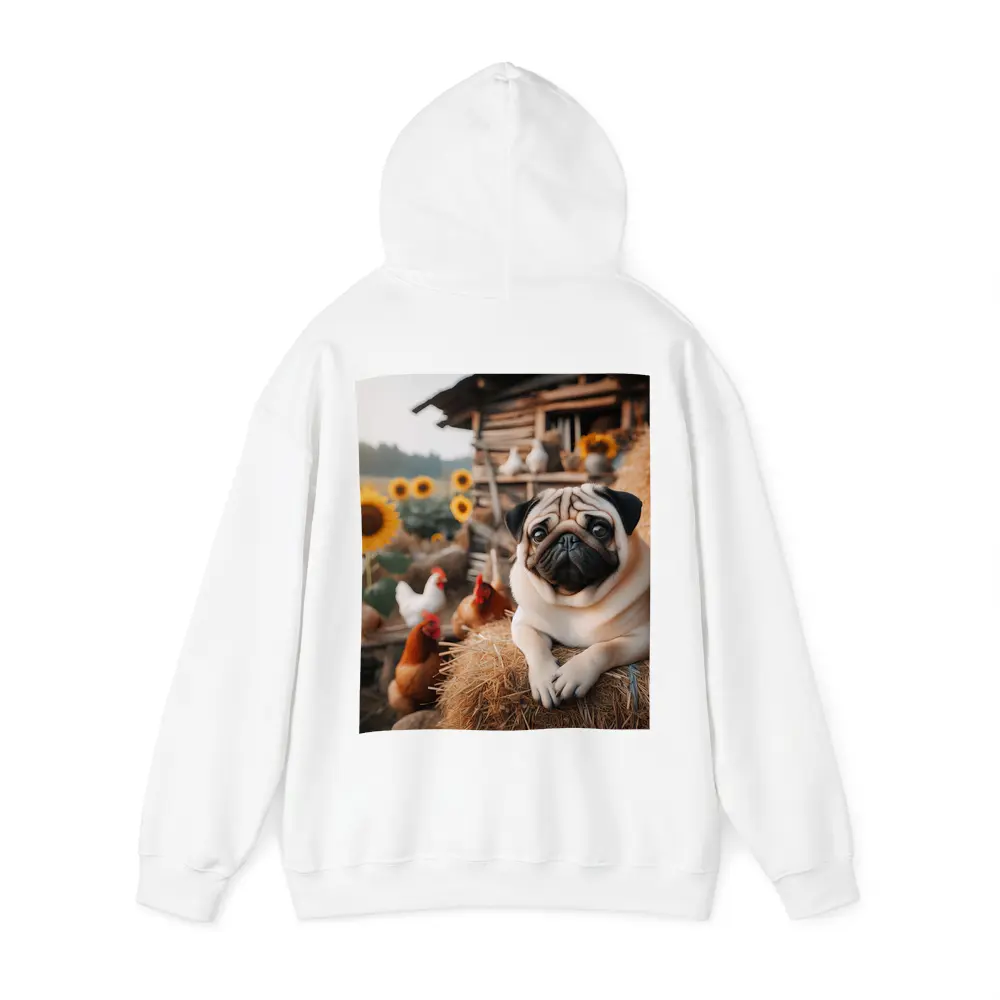 Pug Dog Resting on Farm Hay Bale – Hoodies