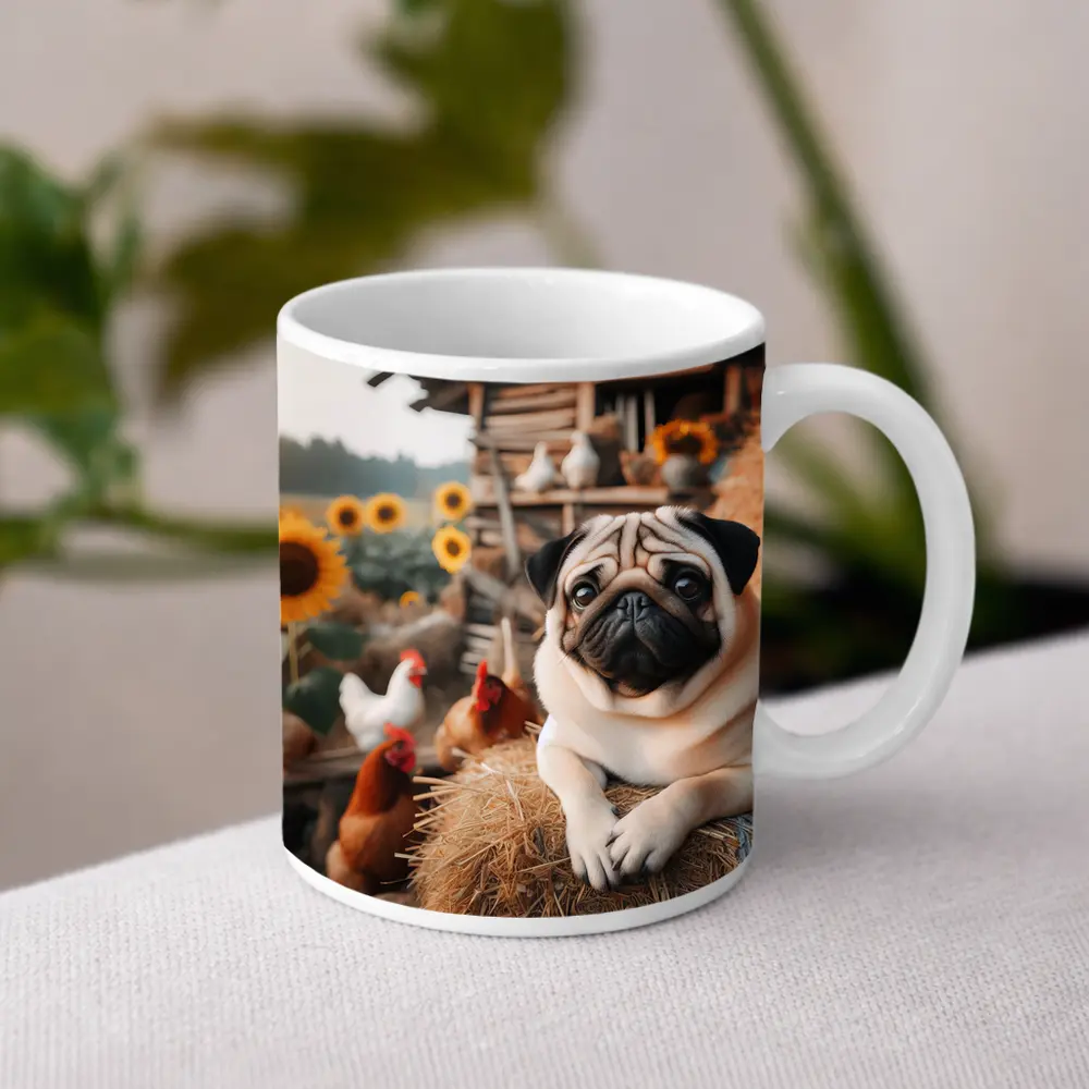 Pug Dog Resting on Farm Hay Bale – Mugs