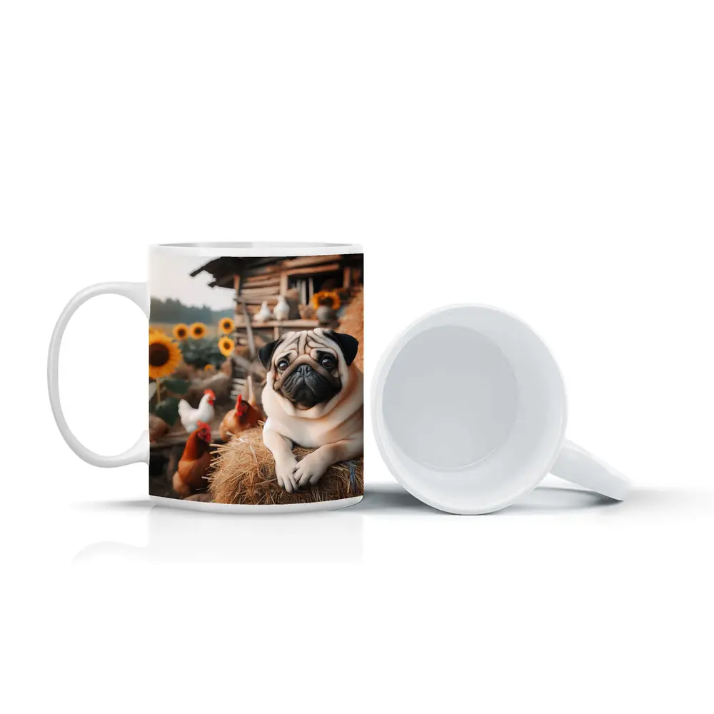 Pug Dog Resting on Farm Hay Bale – Mugs