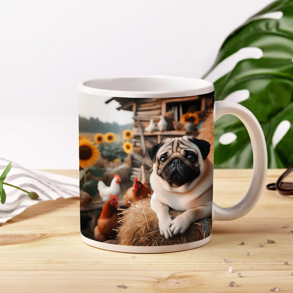 Pug Dog Resting on Farm Hay Bale – Mugs