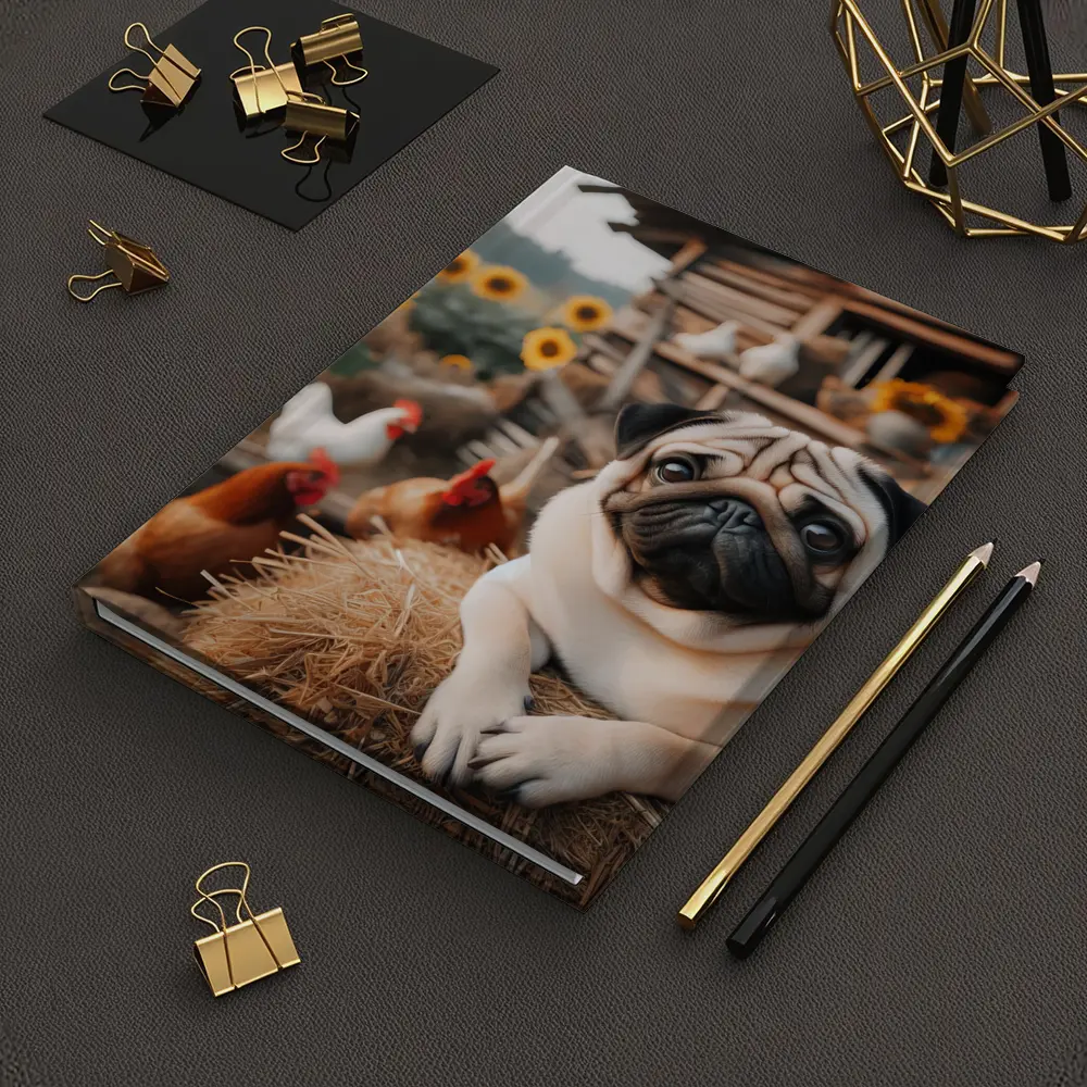 Pug Dog Resting on Farm Hay Bale – Notebooks