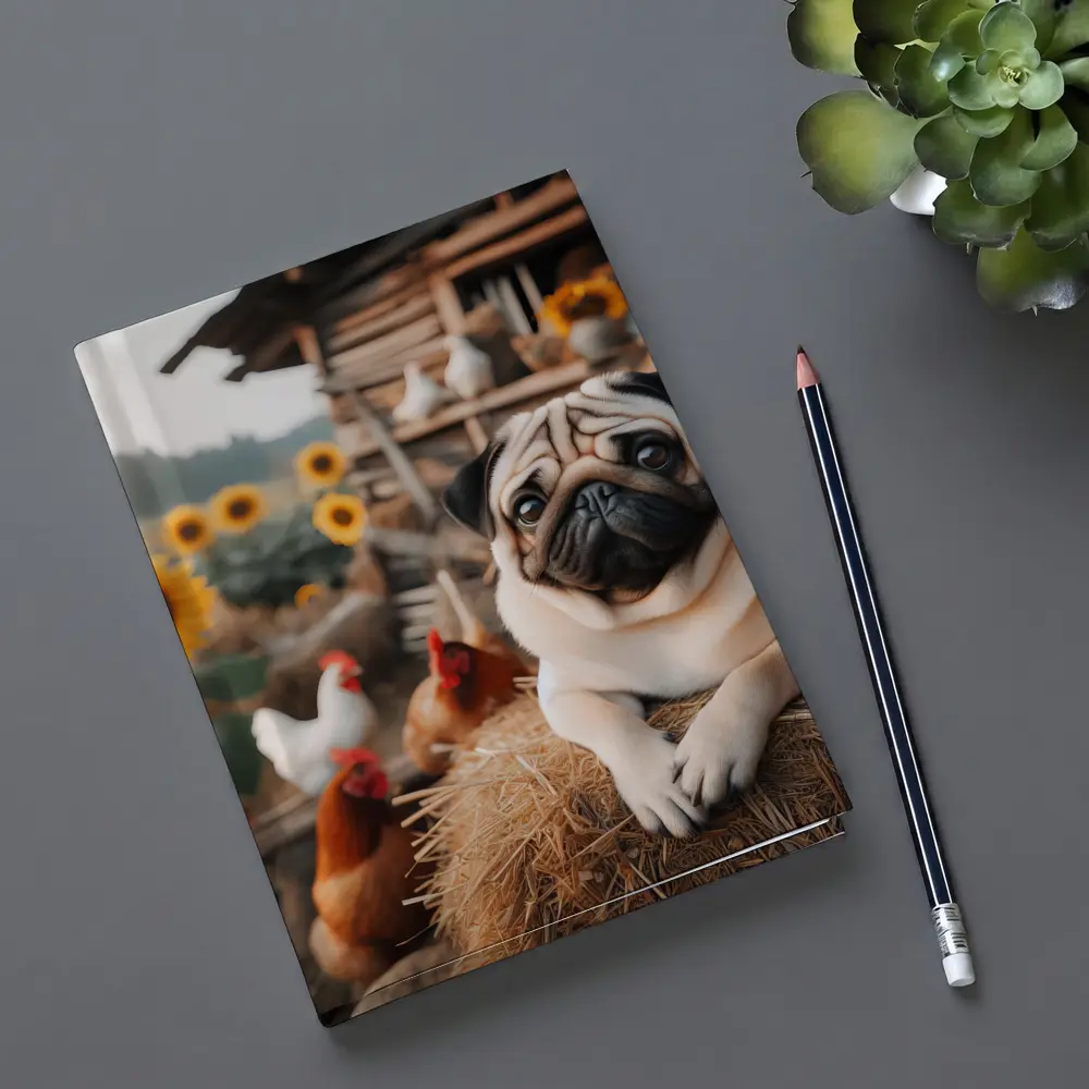 Pug Dog Resting on Farm Hay Bale – Notebooks