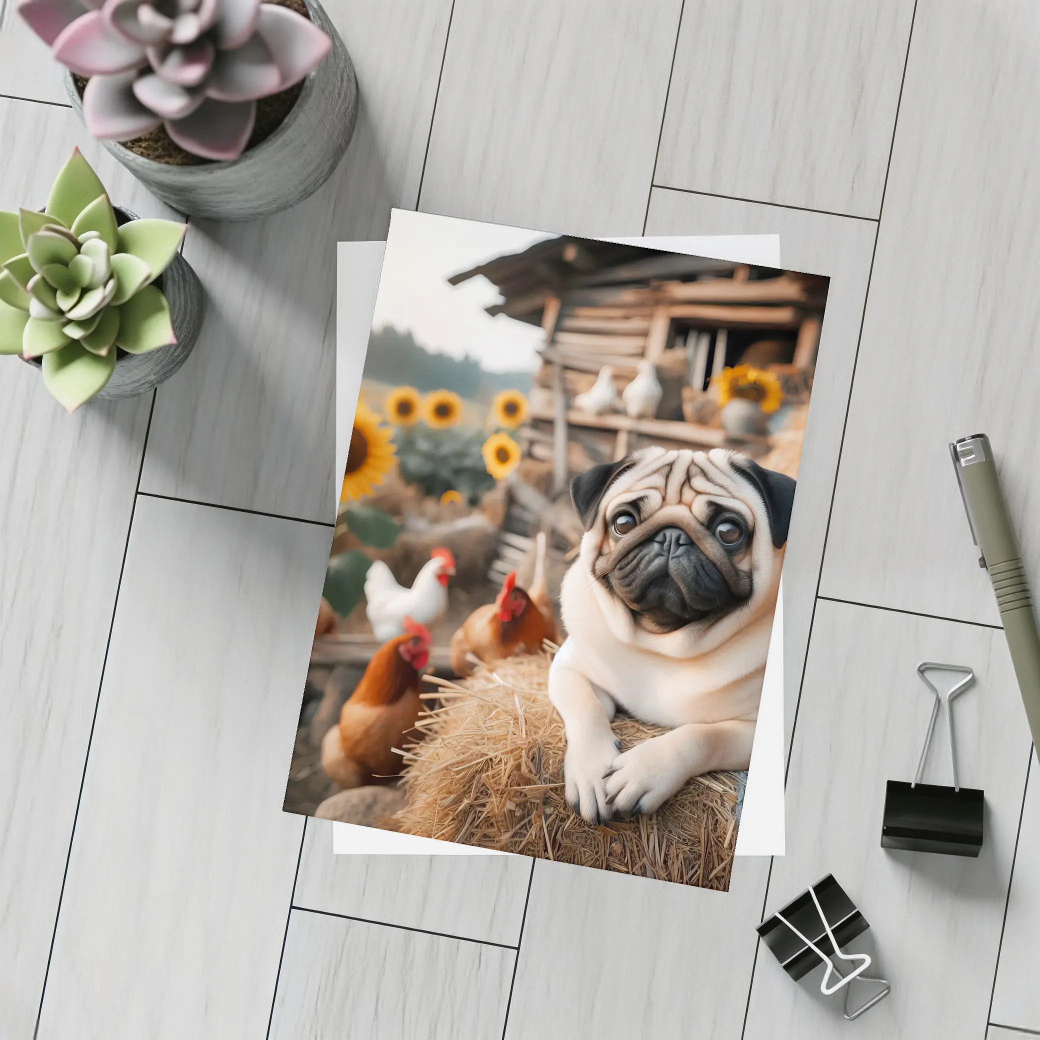 Pug Dog Resting on Farm Hay Bale – Postcards