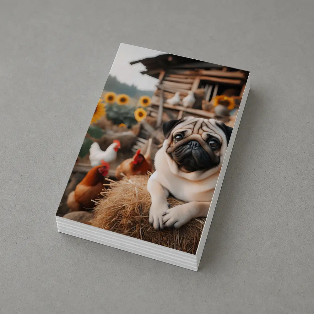 Pug Dog Resting on Farm Hay Bale – Postcards