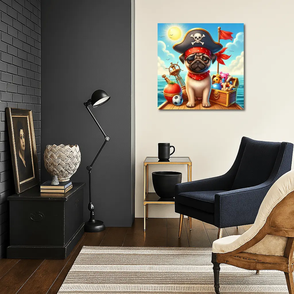 Pirate Pug Puppy on Ocean Ship – Wall Art