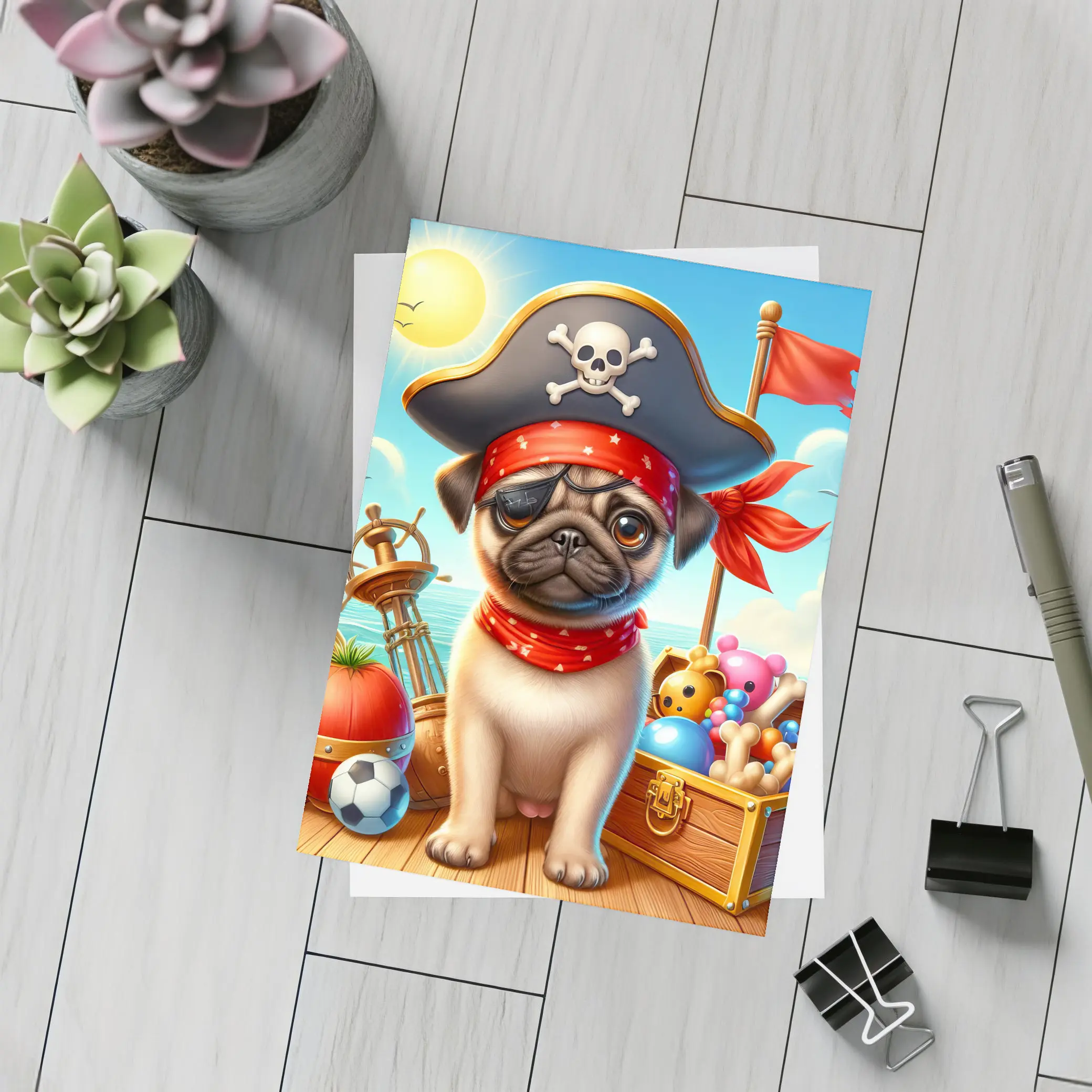 Pirate Pug Puppy on Ocean Ship – Postcards