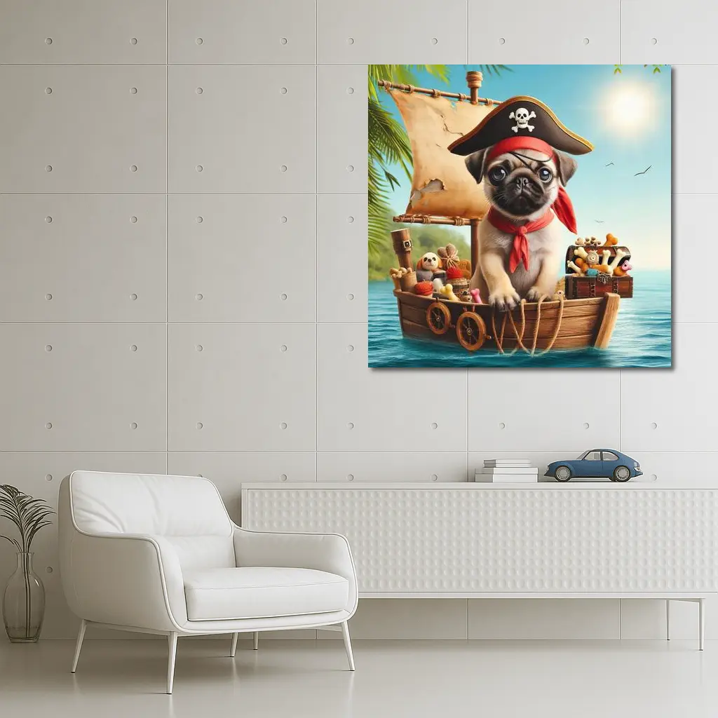 Pug Puppy Pirate Captain On Wooden Boat – Wall Art