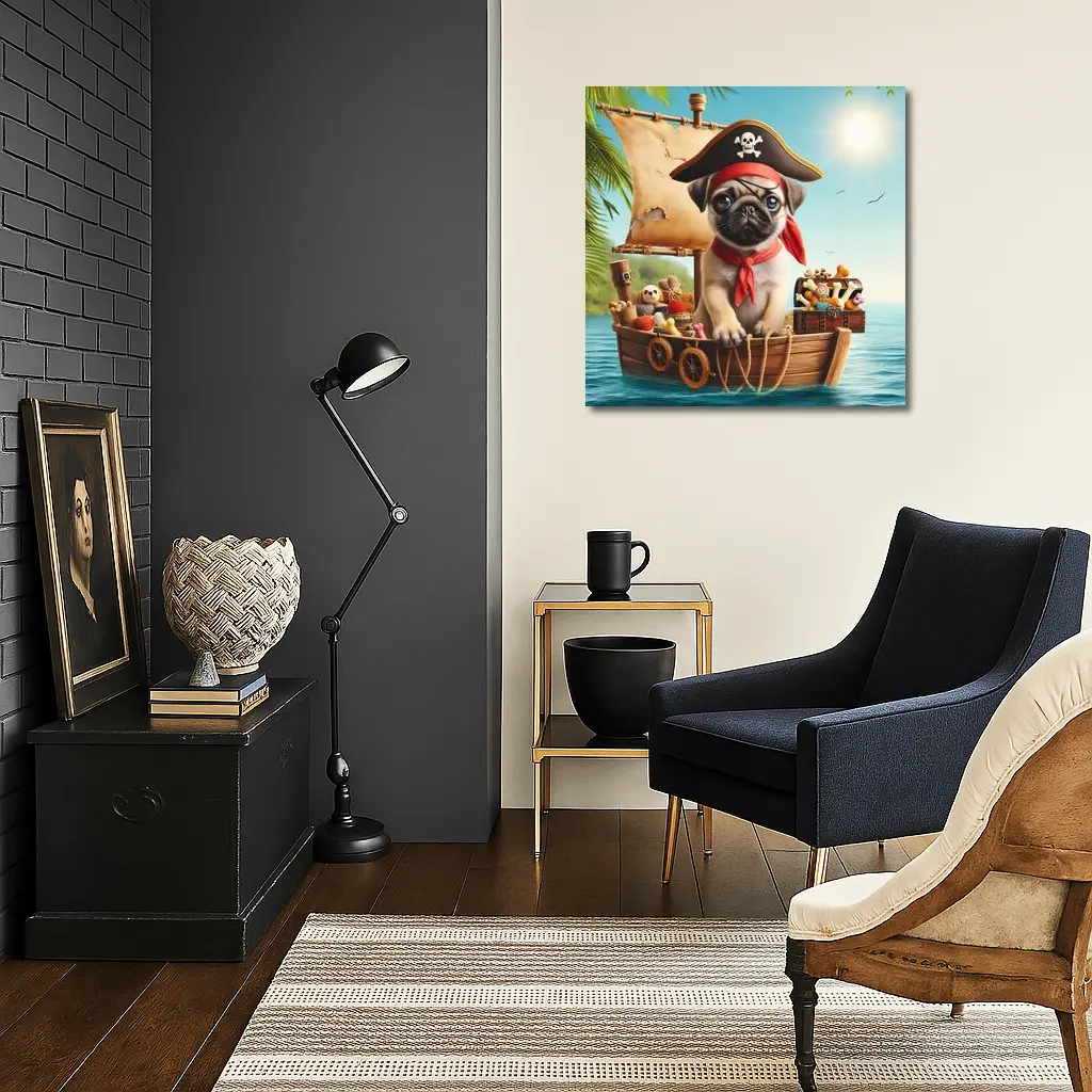 Pug Puppy Pirate Captain On Wooden Boat – Wall Art