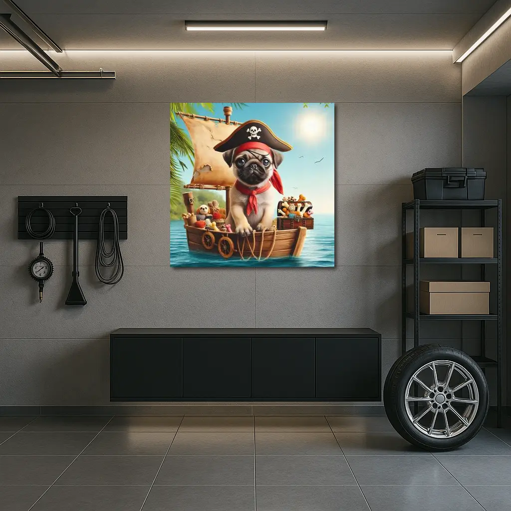 Pug Puppy Pirate Captain On Wooden Boat – Wall Art