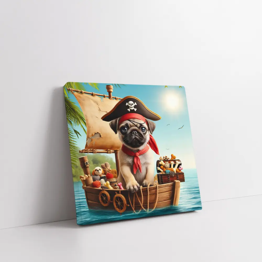 Pug Puppy Pirate Captain On Wooden Boat – Wall Art