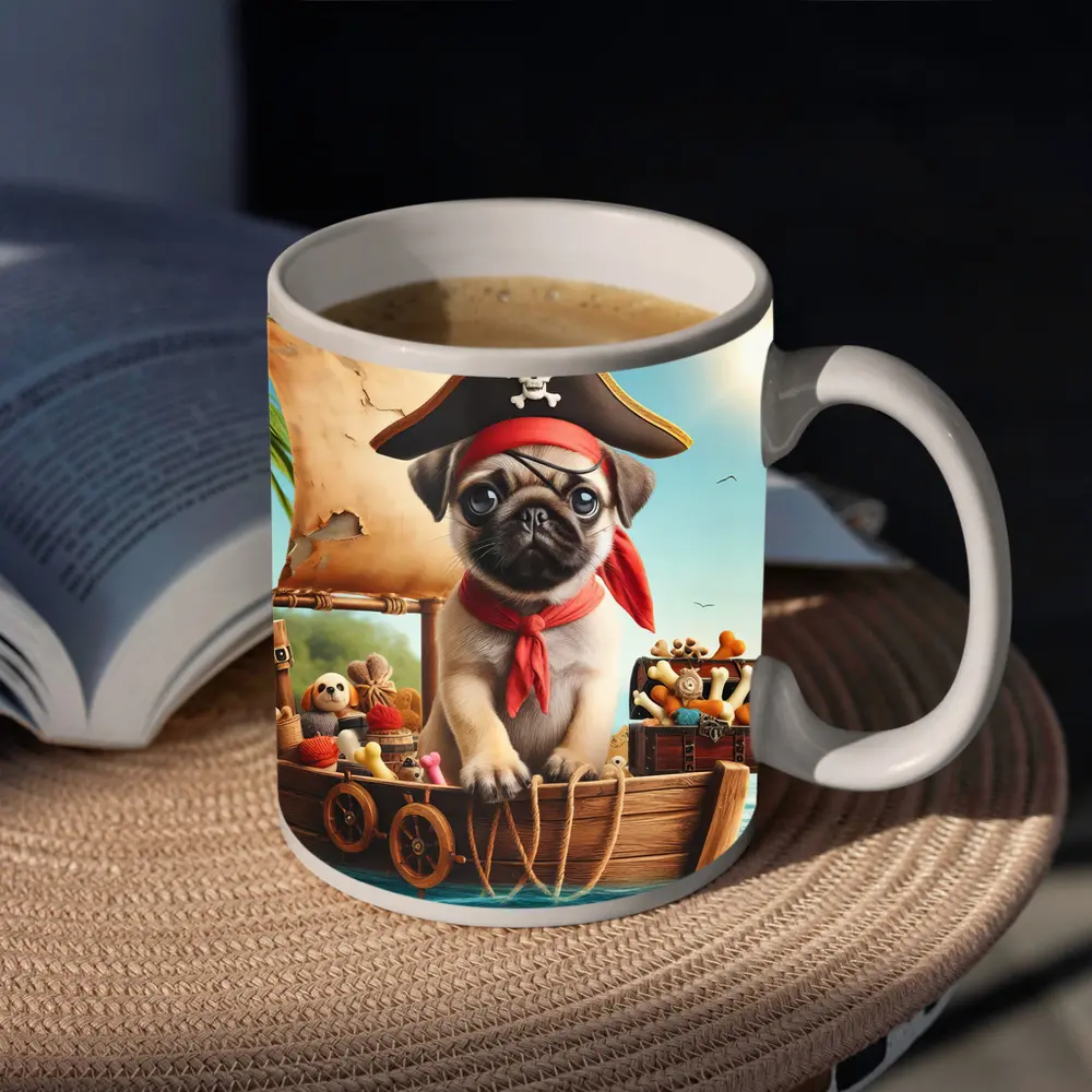 Pug Puppy Pirate Captain On Wooden Boat – Mugs
