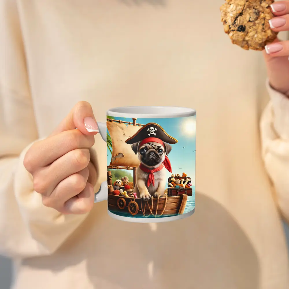 Pug Puppy Pirate Captain On Wooden Boat – Mugs