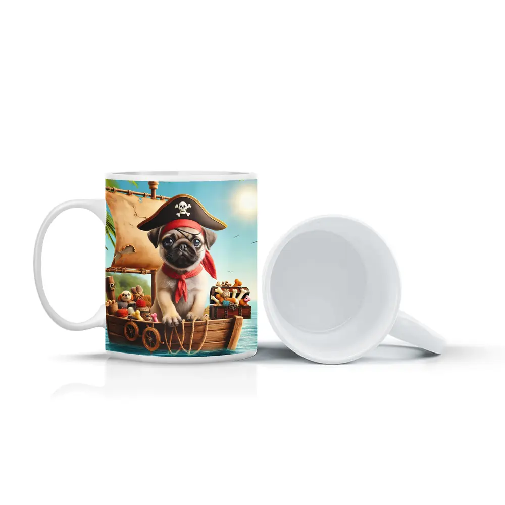 Pug Puppy Pirate Captain On Wooden Boat – Mugs