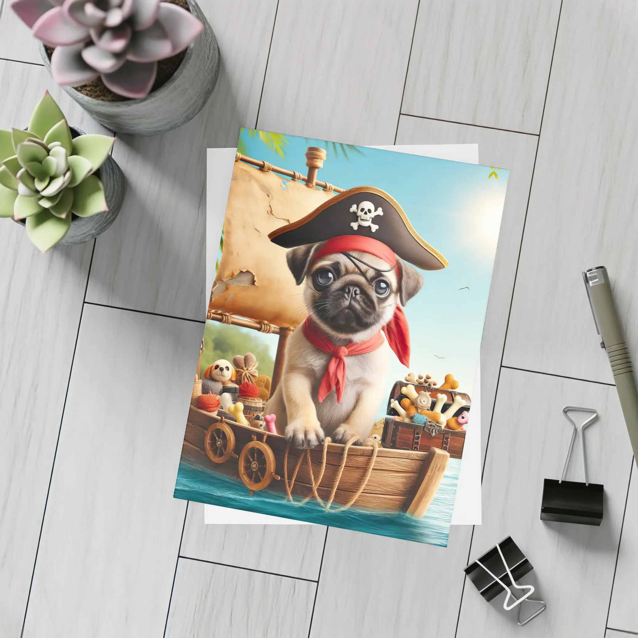 Pug Puppy Pirate Captain On Wooden Boat – Postcards