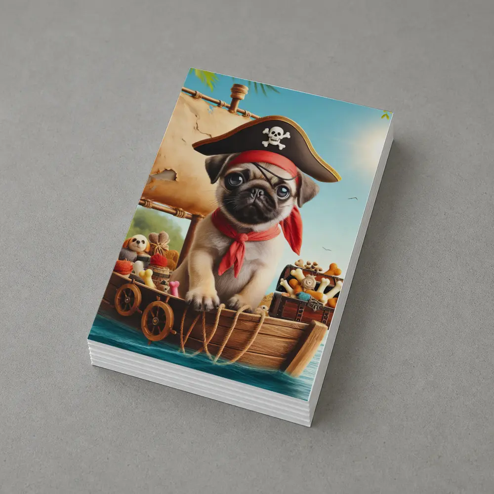 Pug Puppy Pirate Captain On Wooden Boat – Postcards