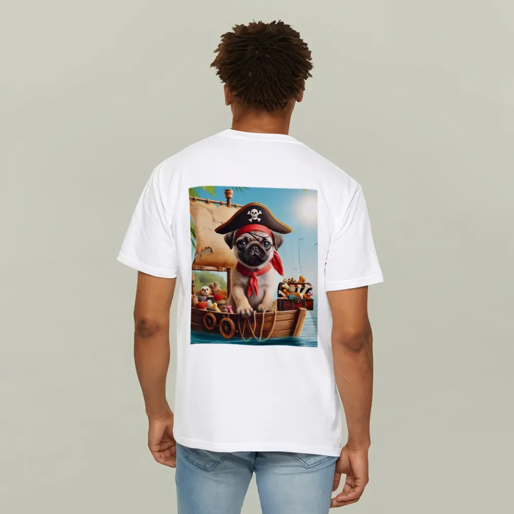 Pug Puppy Pirate Captain On Wooden Boat – T-Shirts