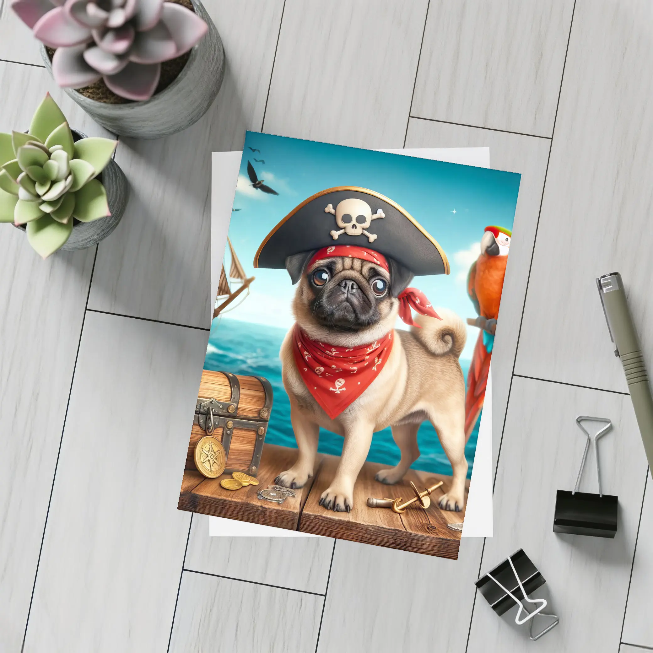 Pug Pirate Dog Treasure Chest Ocean Adventure – Postcards