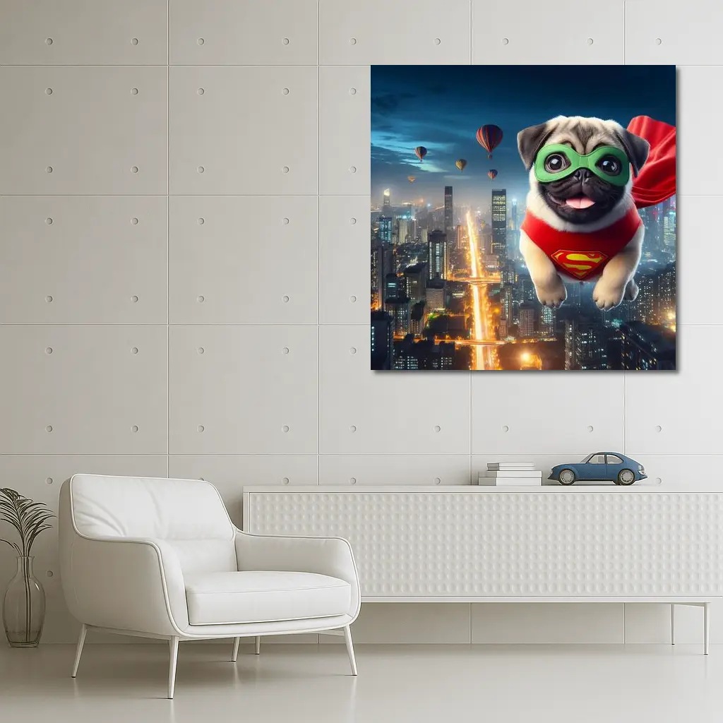 Superhero Pug Flying Over City Night – Wall Art