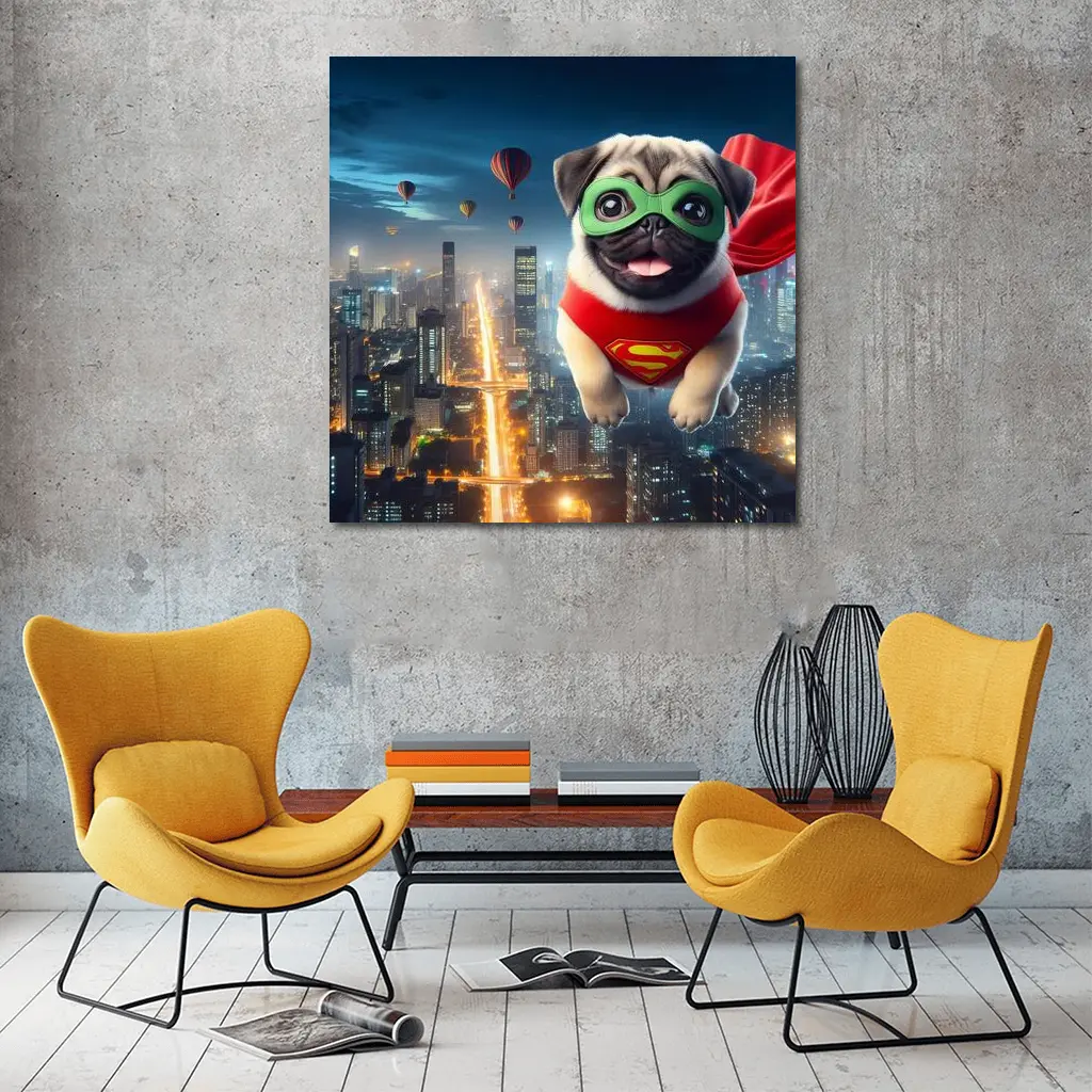 Superhero Pug Flying Over City Night – Wall Art