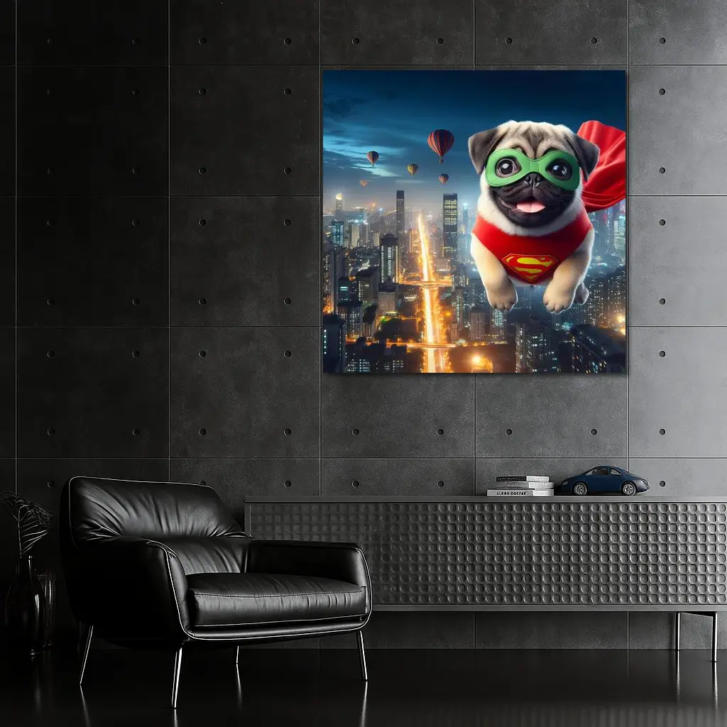 Superhero Pug Flying Over City Night – Wall Art