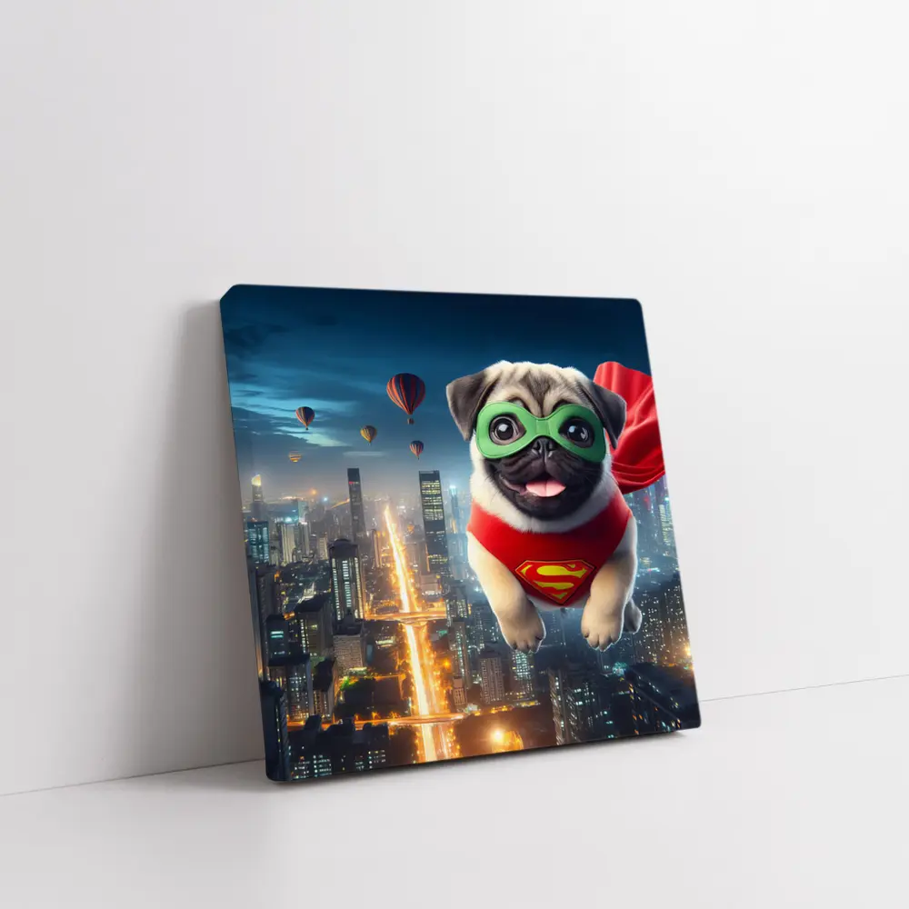 Superhero Pug Flying Over City Night – Wall Art