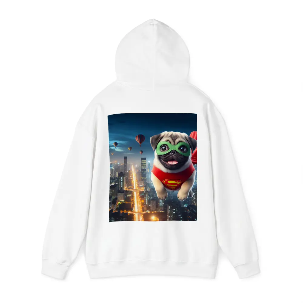 Superhero Pug Flying Over City Night – Hoodies