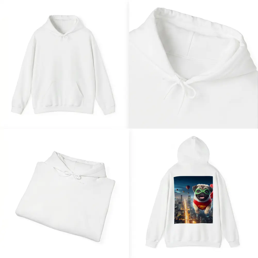 Superhero Pug Flying Over City Night – Hoodies