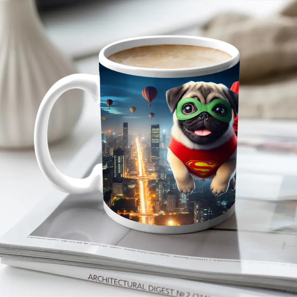 Superhero Pug Flying Over City Night – Mugs