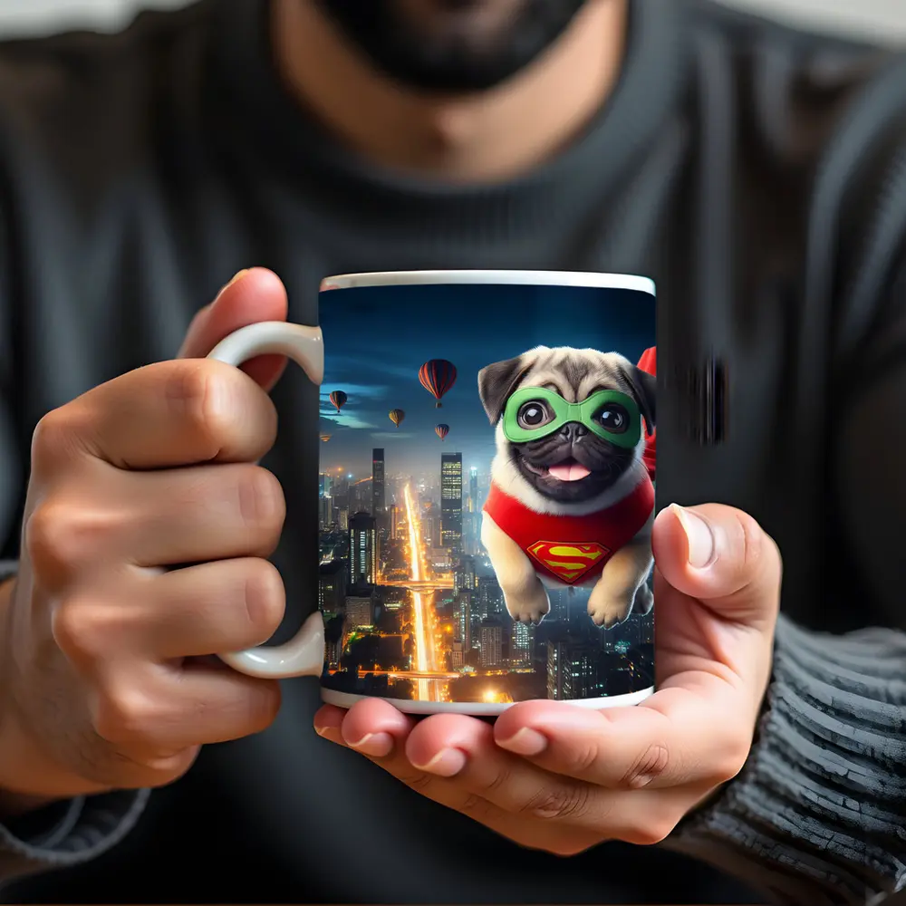Superhero Pug Flying Over City Night – Mugs