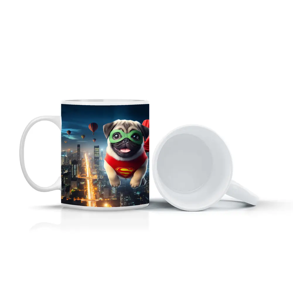 Superhero Pug Flying Over City Night – Mugs
