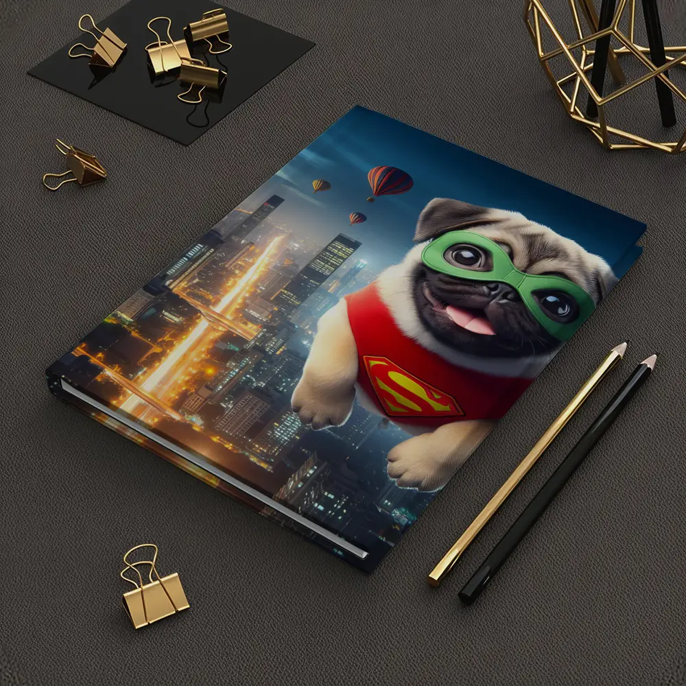 Superhero Pug Flying Over City Night – Notebooks