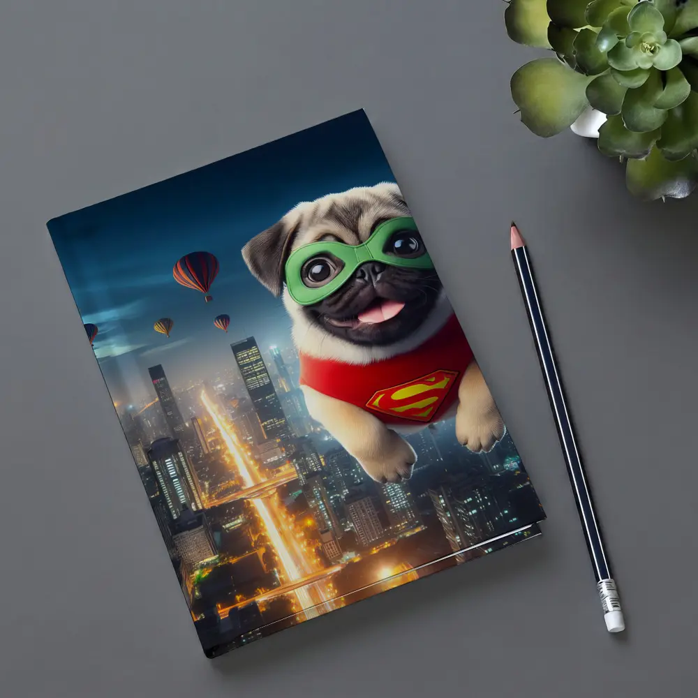 Superhero Pug Flying Over City Night – Notebooks