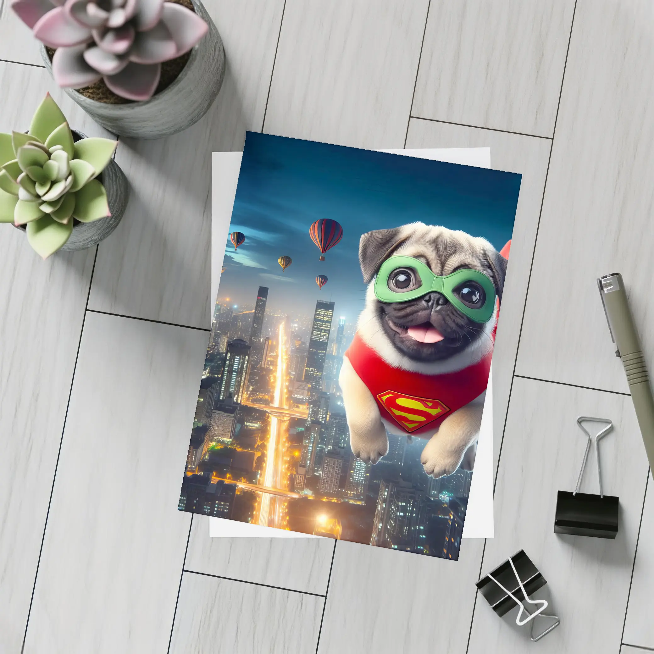 Superhero Pug Flying Over City Night – Postcards