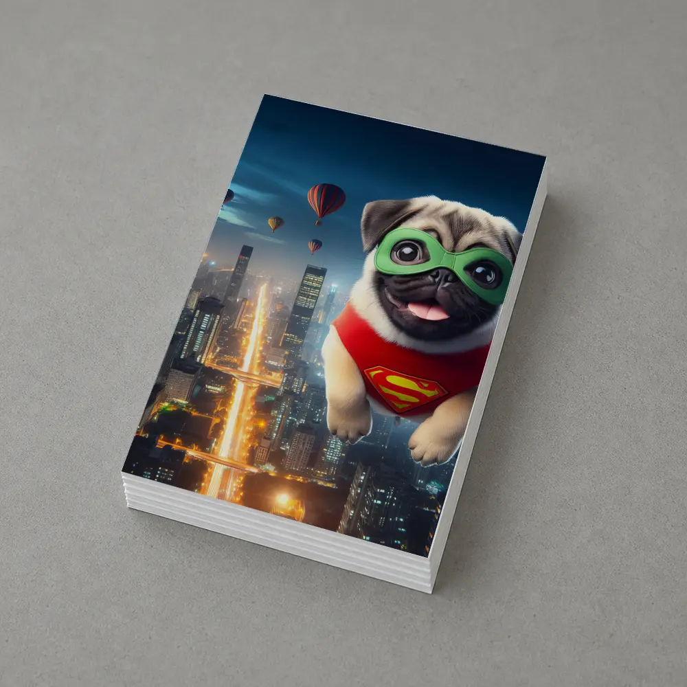 Superhero Pug Flying Over City Night – Postcards