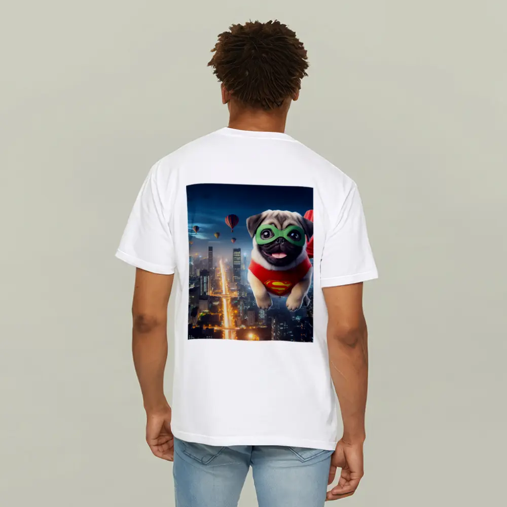 Superhero Pug Flying Over City Night – T-Shirts